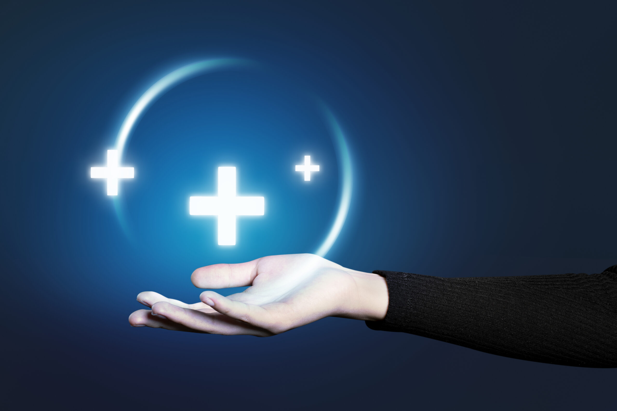 Hand gesture presenting medical tech hologram medical cybersecurity